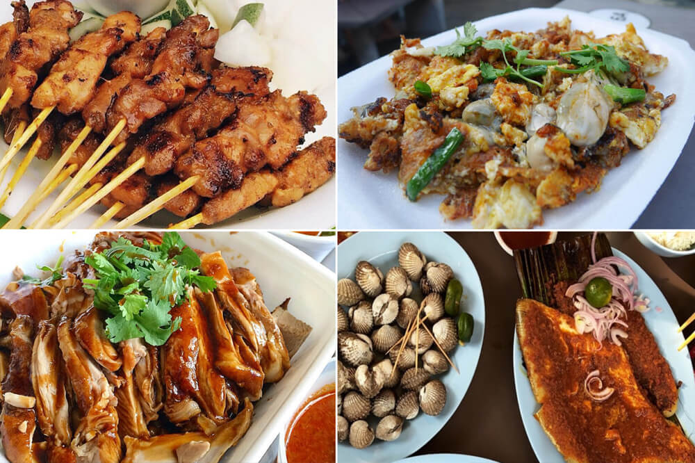 A collage of a plate of satay, oyster omelette, soy-glazed chicken, cockles and sambal stingray
